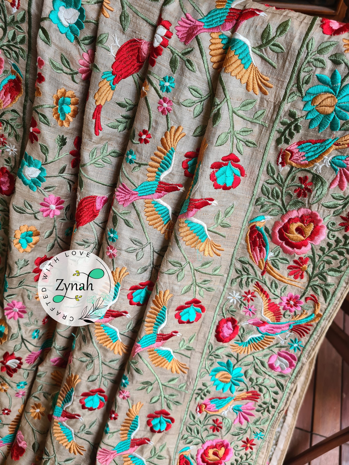 Zynah Tussar Color 2 Pure Tussar Silk Parsi Gara Inspired Embroidery Saree; Custom Stitched/Ready-made Blouse, Fall, Petticoat; Shipping available USA, Worldwide
