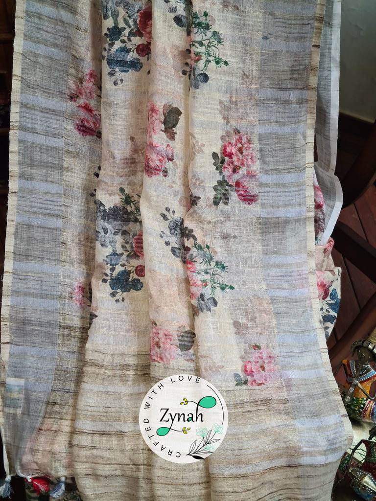 Zynah Off-white Color Organic Pure Linen by Linen(120c) Saree with Digital Floral Prints & Zari Border; Custom Stitched/Ready-made Blouse, Fall, Petticoat; Shipping available USA, Worldwide