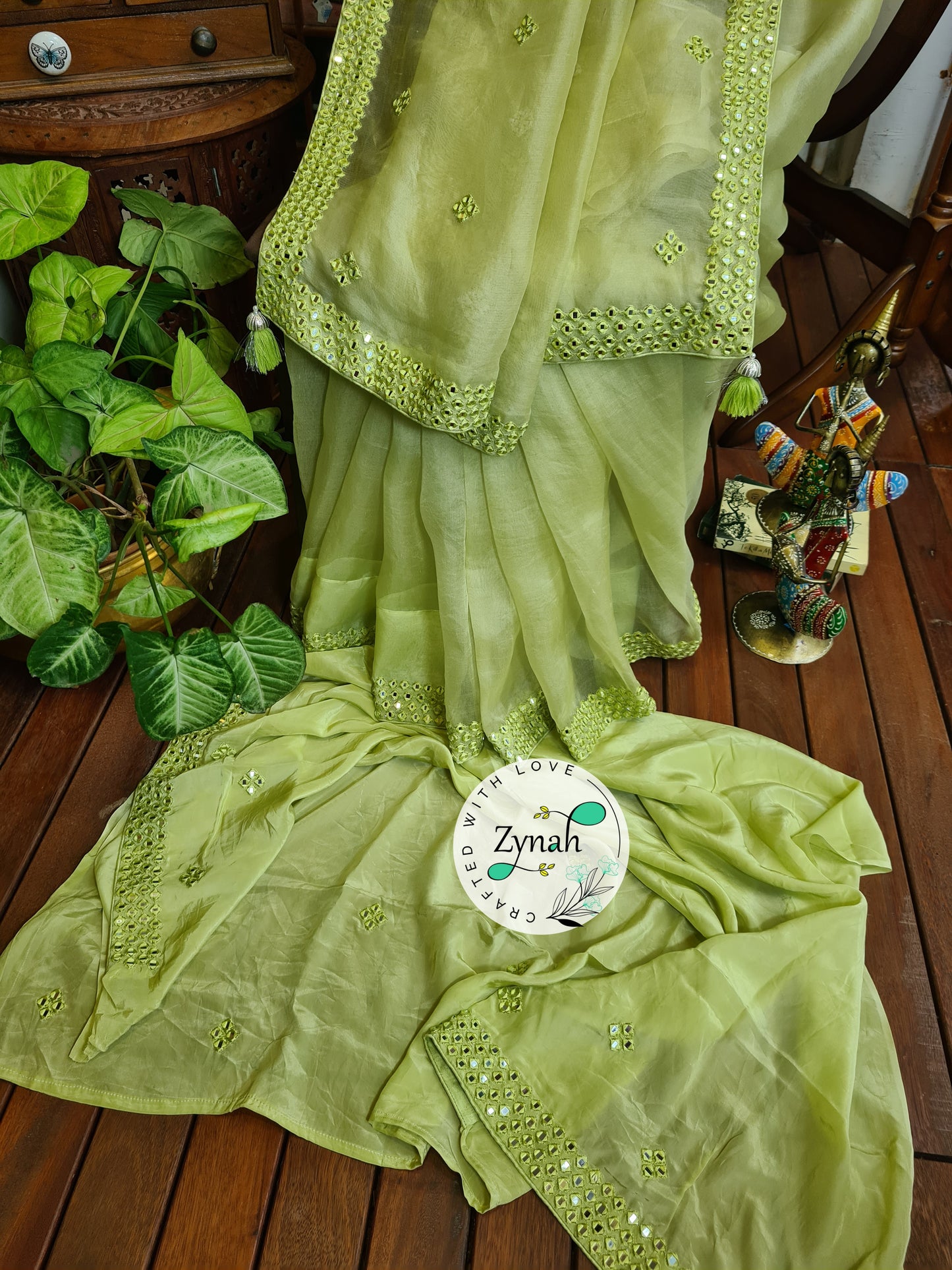 Zynah Green Color Pure Organza Silk Saree with Mirror Kutchi Work; Custom Stitched/Ready-made Blouse, Fall, Petticoat; Shipping available USA, Worldwide