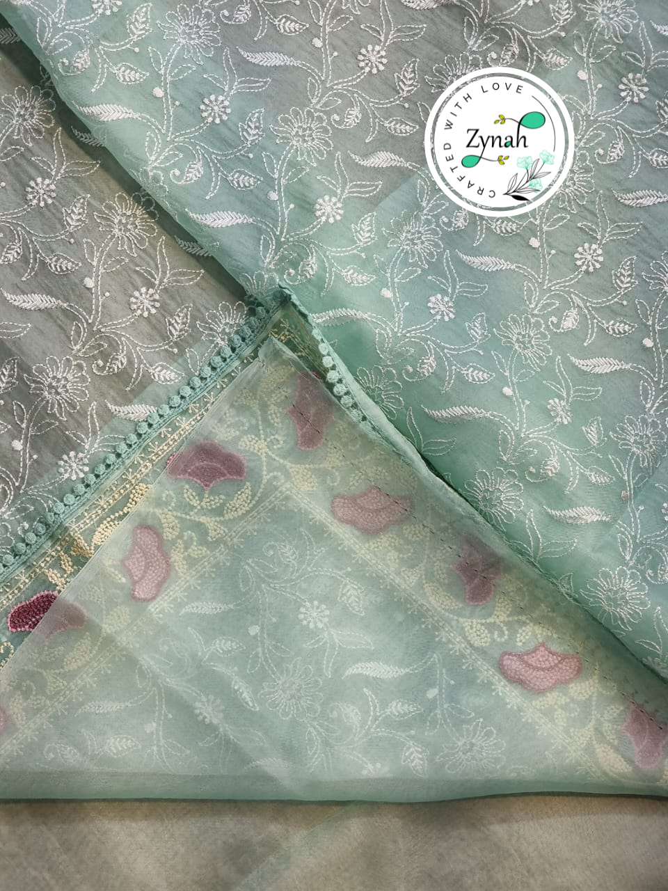 Zynah Teal Color Pure Organza Silk Chikankari  Embroidery Saree with Crochet Lace  in Pastel Shades; Available in many colors; stitched readymade blouse,fall,petticoat,available in USA