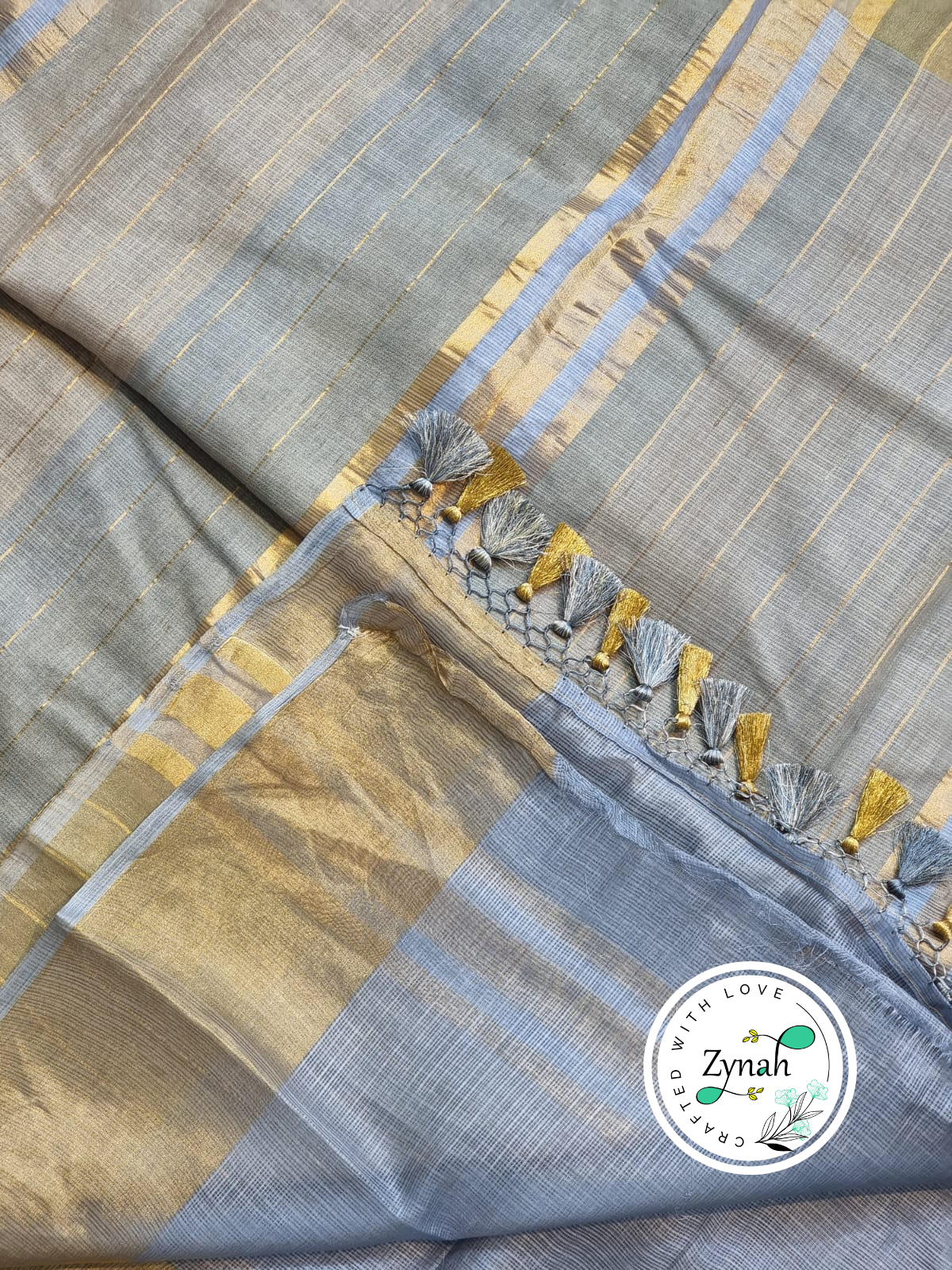Zynah Blue Color Pure Tussar Kota Silk Saree with Heavy Chikankari Embroidery With Double Ghiccha Pallu and Heavy Tassels; Custom Stitched/Ready-made Blouse, Fall, Petticoat; Shipping available USA, Worldwide