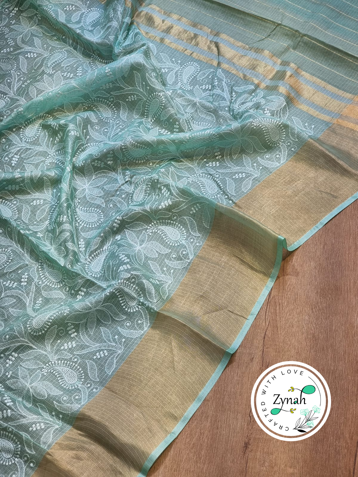 Zynah Teal Color Pure Tussar Kota Silk Saree with Heavy Chikankari Embroidery With Double Ghiccha Pallu and Heavy Tassels; Custom Stitched/Ready-made Blouse, Fall, Petticoat; Shipping available USA, Worldwide