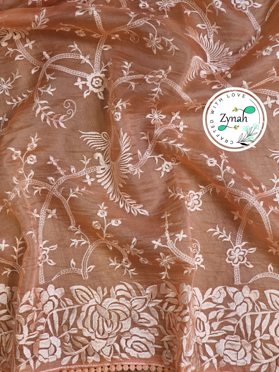 Zynah Orange Color Pure Organza Silk Saree with Parsi Gara Inspired Embroidery & Crochet Lace; Custom Stitched/Ready-made Blouse, Fall, Petticoat; Shipping available USA, Worldwide