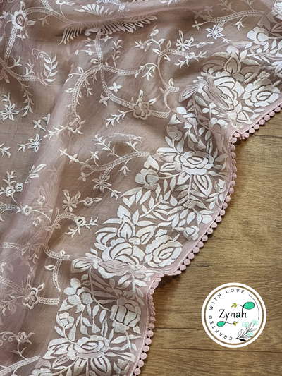 Zynah Baby Pink Color Pure Organza Silk Saree with Parsi Gara Inspired Embroidery & Crochet Lace; Custom Stitched/Ready-made Blouse, Fall, Petticoat; Shipping available USA, Worldwide