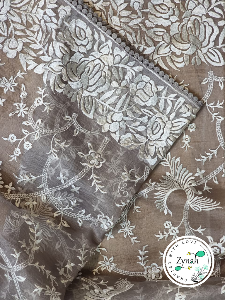 Zynah Gray Color Pure Organza Silk Saree with Parsi Gara Inspired Embroidery & Crochet Lace; Custom Stitched/Ready-made Blouse, Fall, Petticoat; Shipping available USA, Worldwide