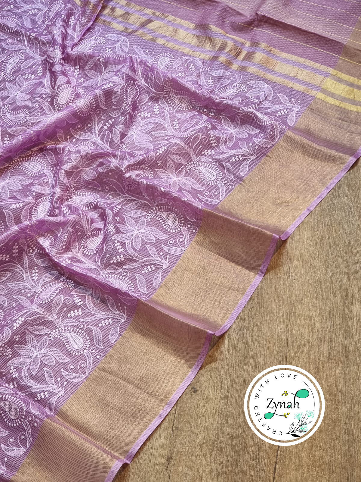Zynah Violet Color Pure Tussar Kota Silk Saree with Heavy Chikankari Embroidery With Double Ghiccha Pallu and Heavy Tassels; Custom Stitched/Ready-made Blouse, Fall, Petticoat; Shipping available USA, Worldwide
