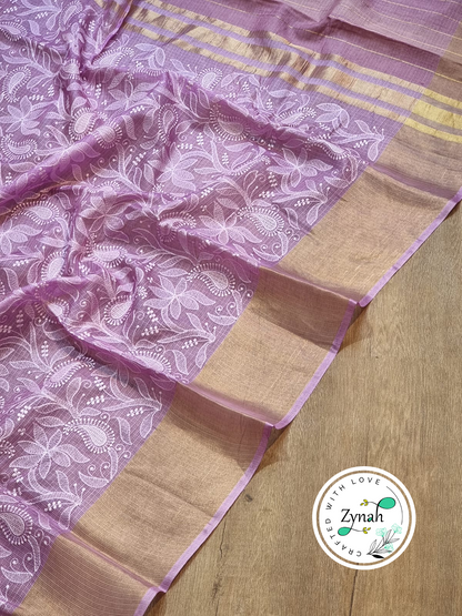 Zynah Violet Color Pure Tussar Kota Silk Saree with Heavy Chikankari Embroidery With Double Ghiccha Pallu and Heavy Tassels; Custom Stitched/Ready-made Blouse, Fall, Petticoat; Shipping available USA, Worldwide