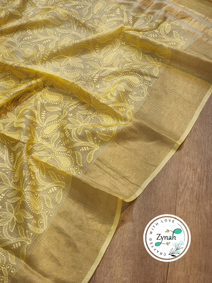 Zynah Yellow Color Pure Tussar Kota Silk Saree with Heavy Chikankari Embroidery With Double Ghiccha Pallu and Heavy Tassels; Custom Stitched/Ready-made Blouse, Fall, Petticoat; Shipping available USA, Worldwide