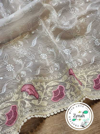 Zynah Off-White Color Pure Organza Silk Chikankari  Embroidery Saree with Crochet Lace  in Pastel Shades; Available in many colors; stitched readymade blouse,fall,petticoat,available in USA