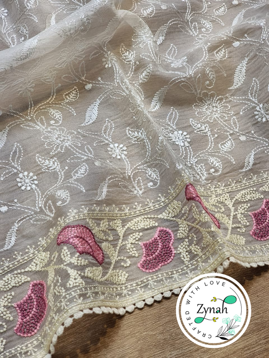 Zynah Off-White Color Pure Organza Silk Chikankari  Embroidery Saree with Crochet Lace  in Pastel Shades; Available in many colors; stitched readymade blouse,fall,petticoat,available in USA