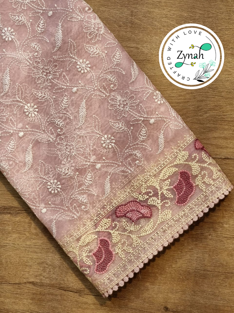 Zynah Peach Color Pure Organza Silk Chikankari  Embroidery Saree with Crochet Lace  in Pastel Shades; Available in many colors; stitched readymade blouse,fall,petticoat,available in USA
