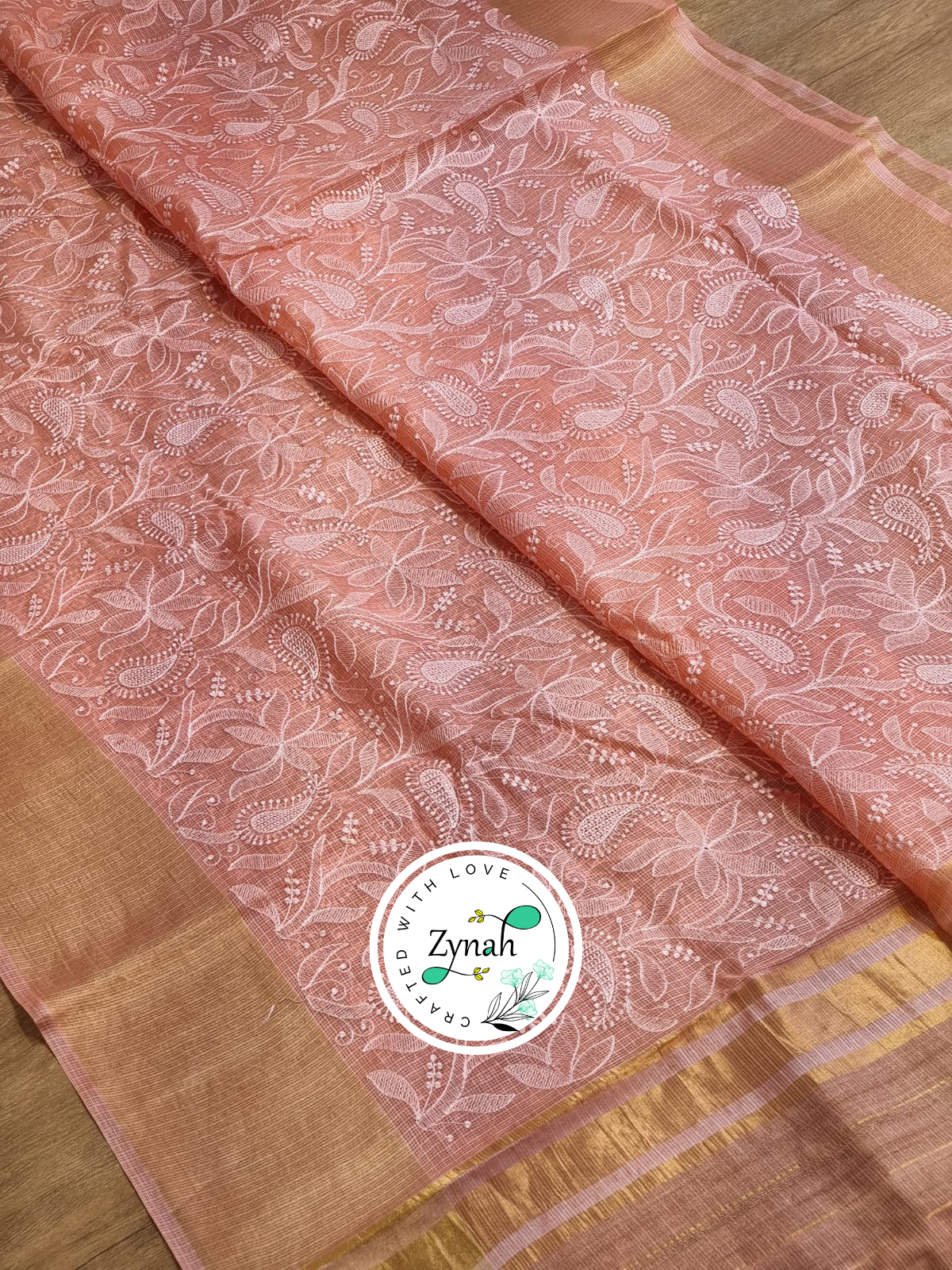 Zynah Peach Color Pure Tussar Kota Silk Saree with Heavy Chikankari Embroidery With Double Ghiccha Pallu and Heavy Tassels; Custom Stitched/Ready-made Blouse, Fall, Petticoat; Shipping available USA, Worldwide