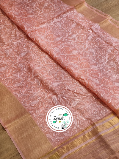 Zynah Peach Color Pure Tussar Kota Silk Saree with Heavy Chikankari Embroidery With Double Ghiccha Pallu and Heavy Tassels; Custom Stitched/Ready-made Blouse, Fall, Petticoat; Shipping available USA, Worldwide