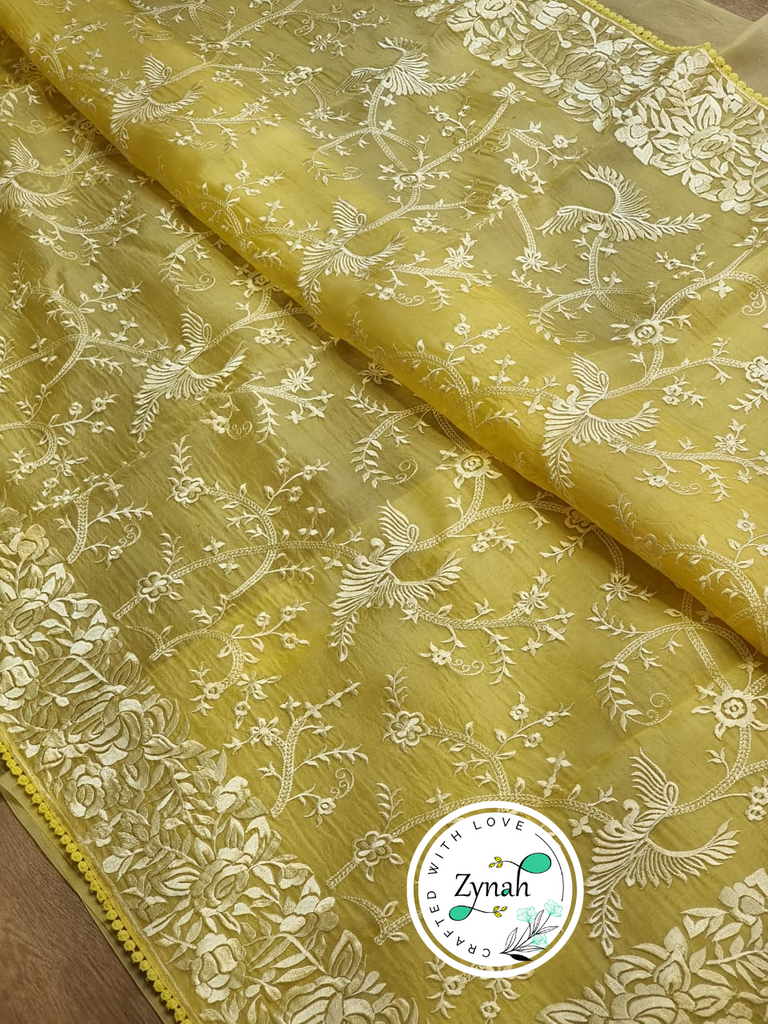 Zynah Yellow Color Pure Organza Silk Saree with Parsi Gara Inspired Embroidery & Crochet Lace; Custom Stitched/Ready-made Blouse, Fall, Petticoat; Shipping available USA, Worldwide