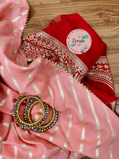 Zynah Pure Munga Silk Saree with Diagonal Stripes, Lehariya Style Weaving & Lace Border; Custom Stitched/Ready-made Blouse, Fall, Petticoat; Shipping available USA, Worldwide