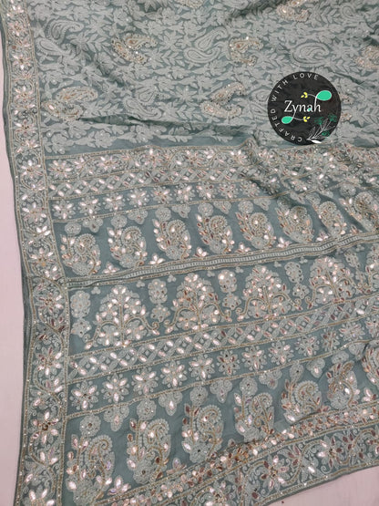Zynah Pure Georgette Saree, Chikankari with Gotapatti Cut-work; Custom Stitched/Ready-made Blouse, Fall, Petticoat; Shipping available USA, Worldwide