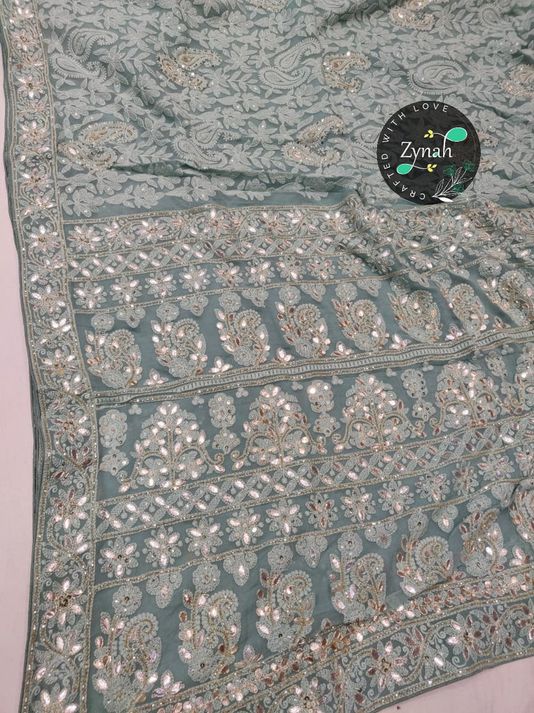 Zynah Pure Georgette Saree, Chikankari with Gotapatti Cut-work; Custom Stitched/Ready-made Blouse, Fall, Petticoat; Shipping available USA, Worldwide