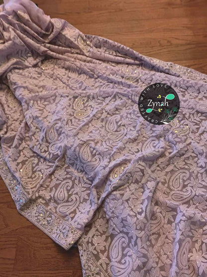 Zynah Pure Georgette Saree, Chikankari with Gotapatti Cut-work; Custom Stitched/Ready-made Blouse, Fall, Petticoat; Shipping available USA, Worldwide