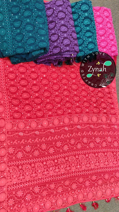 Zynah Pure Georgette Saree with Chikankari, zari & Sequence Work; Custom Stitched/Ready-made Blouse, Fall, Petticoat; Shipping available USA, Worldwide