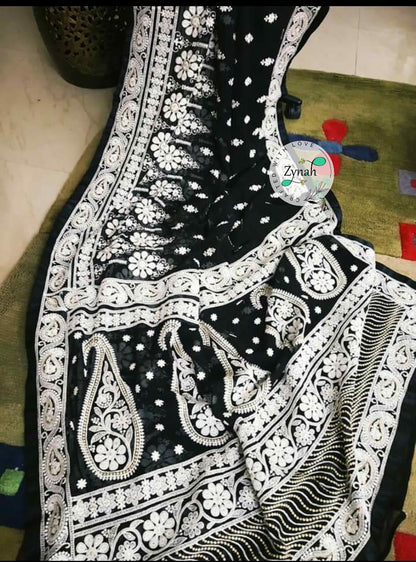 Zynah Pure Georgette Chikankari Saree with Sequence work; Custom Stitched/Ready-made Blouse, Fall, Petticoat; Shipping available USA, Worldwide