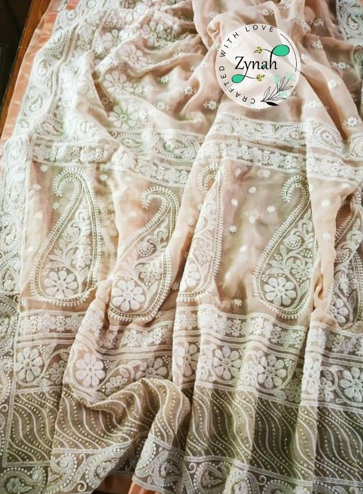 Zynah Pure Georgette Chikankari Saree with Sequence work; Custom Stitched/Ready-made Blouse, Fall, Petticoat; Shipping available USA, Worldwide