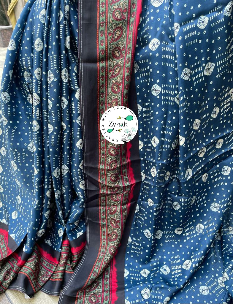Zynah Pure Gajji Silk Saree with Bandhani & Ajrakh Prints, Tissue Zari Pallu; Custom Stitched/Ready-made Blouse, Fall, Petticoat; Shipping available USA, Worldwide