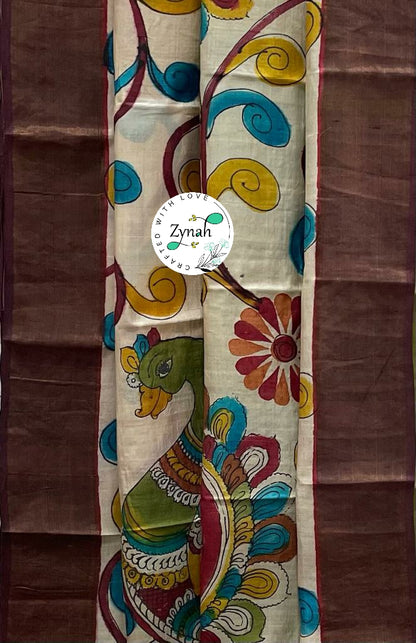 Zynah Pure Tussar Silk Hand-painted Kalamkari Saree; Custom Stitched/Ready-made Blouse, Fall, Petticoat; Shipping available USA, Worldwide