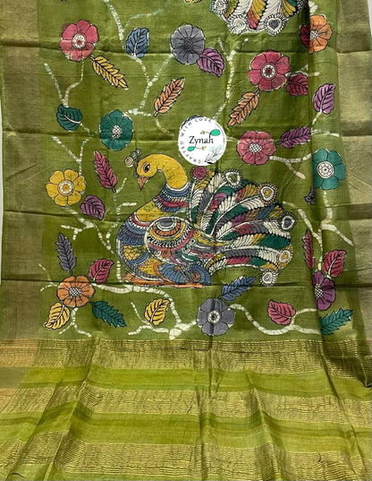 Zynah Pure Tussar Silk Hand-painted Kalamkari Saree; Custom Stitched/Ready-made Blouse, Fall, Petticoat; Shipping available USA, Worldwide