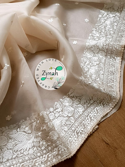 Zynah Pure Organza Silk Saree with Parsi Gara Embroidery & Crochet Lace; Custom Stitched/Ready-made Blouse, Fall, Petticoat; Shipping available USA, Worldwide