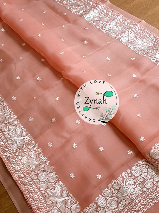Zynah Pure Organza Silk Saree with Parsi Gara Embroidery & Crochet Lace; Custom Stitched/Ready-made Blouse, Fall, Petticoat; Shipping available USA, Worldwide