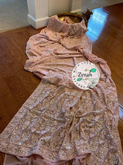 Zynah Pure Georgette Saree with Chikankari & Gotapatti Cut-work; Custom Stitched/Ready-made Blouse, Fall, Petticoat; Shipping available USA, Worldwide