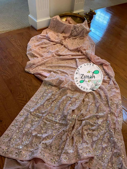 Zynah Pure Georgette Saree with Chikankari & Gotapatti Cut-work; Custom Stitched/Ready-made Blouse, Fall, Petticoat; Shipping available USA, Worldwide