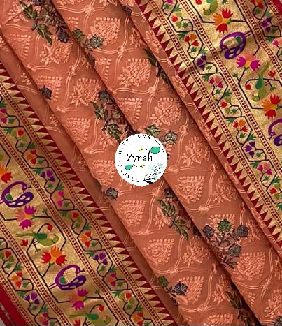 Zynah Banarasi Khaddi Georgette Saree with Chikankari Work & Paithani Weave; Custom Stitched/Ready-made Blouse, Fall, Petticoat; Shipping available USA, Worldwide