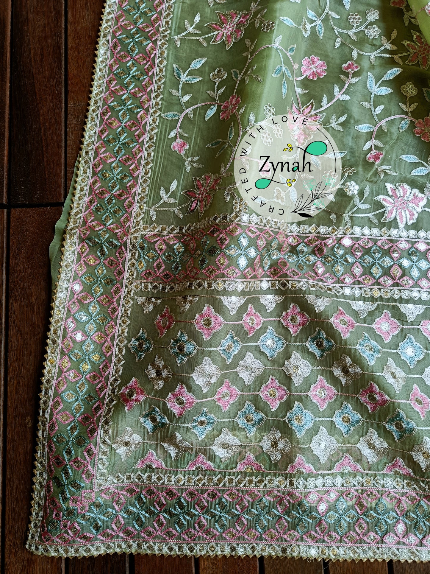 Zynah Pure Organza Silk Saree with Gotapatti Lace, Foil & Thread Embroidery Work; Custom Stitched/Ready-made Blouse, Fall, Petticoat; Shipping available USA, Worldwide