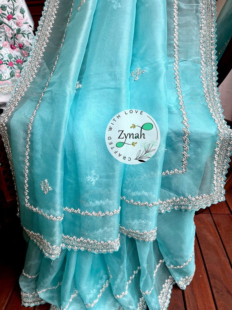 Zynah Light Blue Color Pure Organza Silk Saree with Sequence, Pearls & Cut-dana Work; Custom Stitched/Ready-made Blouse, Fall, Petticoat; Shipping available USA, Worldwide