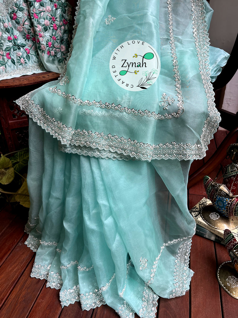 Zynah Sea Green Color Pure Organza Silk Saree with Sequence, Pearls & Cut-dana Work; Custom Stitched/Ready-made Blouse, Fall, Petticoat; Shipping available USA, Worldwide