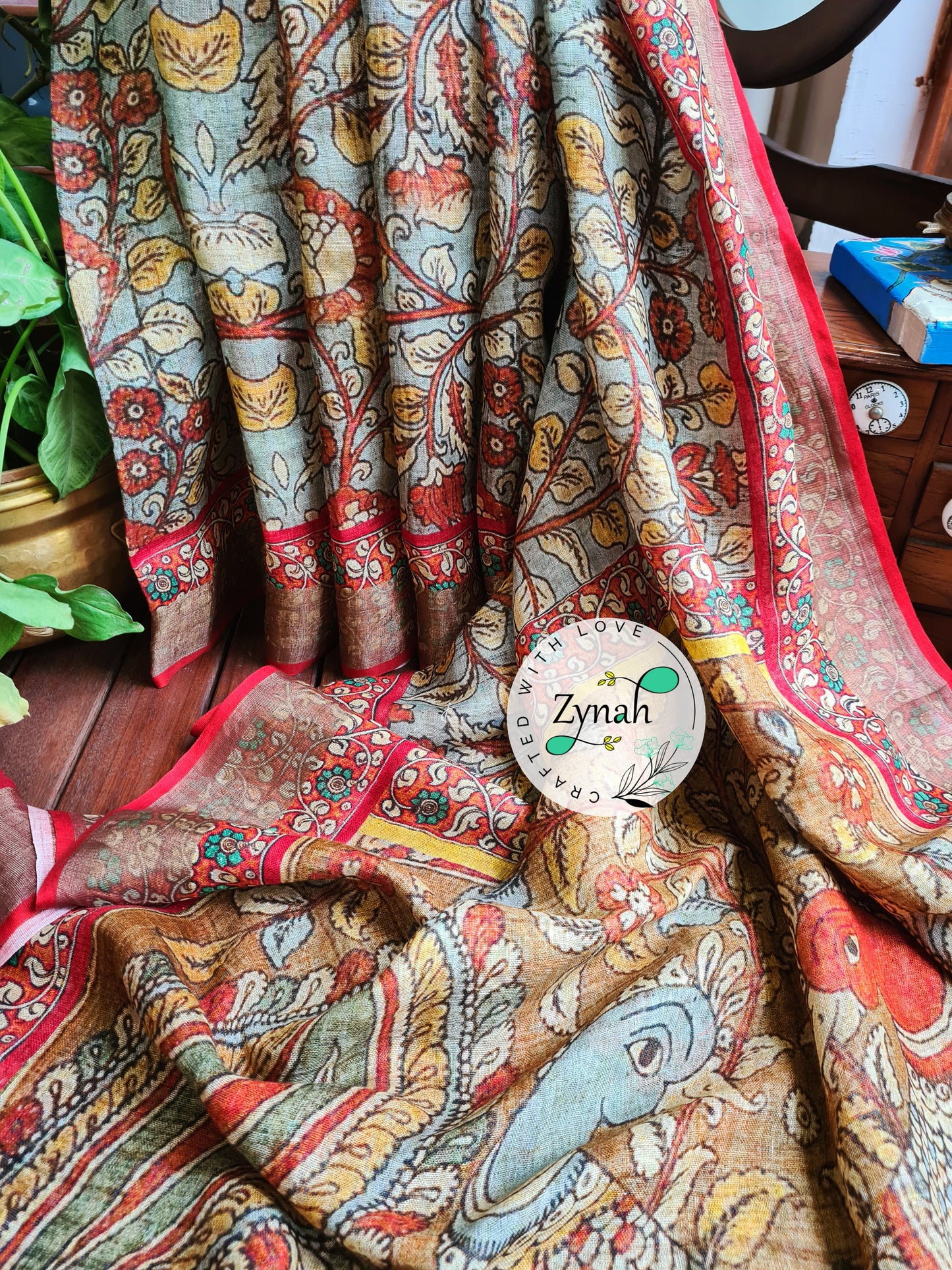 Zynah Blue Color Kalamkari Organic Lab Tested 120 Count pure 'Linen by Linen' Saree; Custom Stitched/Ready-made Blouse, Fall, Petticoat; Shipping available USA, Worldwide