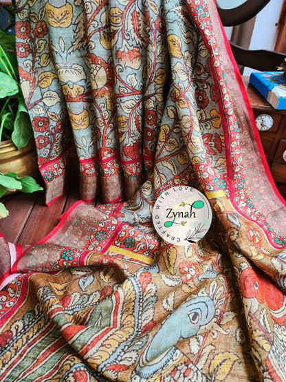 Zynah Blue Color Kalamkari Organic Lab Tested 120 Count pure 'Linen by Linen' Saree; Custom Stitched/Ready-made Blouse, Fall, Petticoat; Shipping available USA, Worldwide