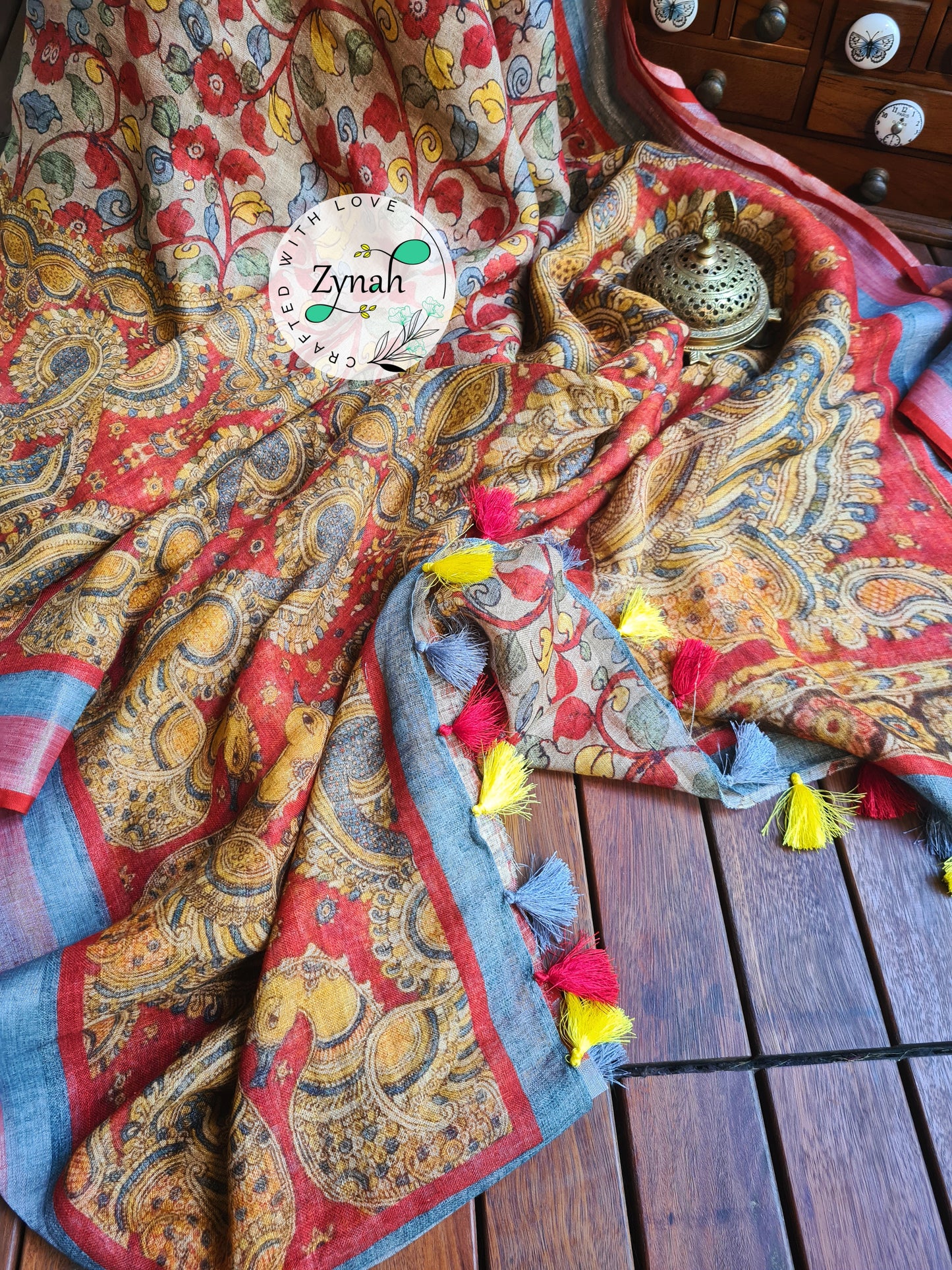 Zynah Beige Color Kalamkari Organic Lab Tested 120 Count pure 'Linen by Linen' Saree; Custom Stitched/Ready-made Blouse, Fall, Petticoat; Shipping available USA, Worldwide