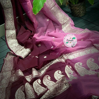 Zynah Pure Banarasi Handloom Khaddi Georgette Double-shaded Saree with Zari Weave; Custom Stitched/Ready-made Blouse, Fall, Petticoat; Shipping available USA, Worldwide