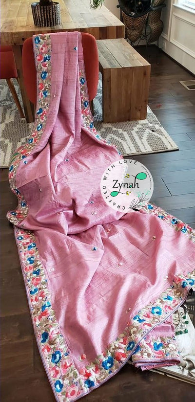 Zynah Made to Order Pure Tussar Silk Parsi Gara Handcrafted Saree; Custom Stitched/Ready-made Blouse, Fall, Petticoat; Shipping available USA, Worldwide
