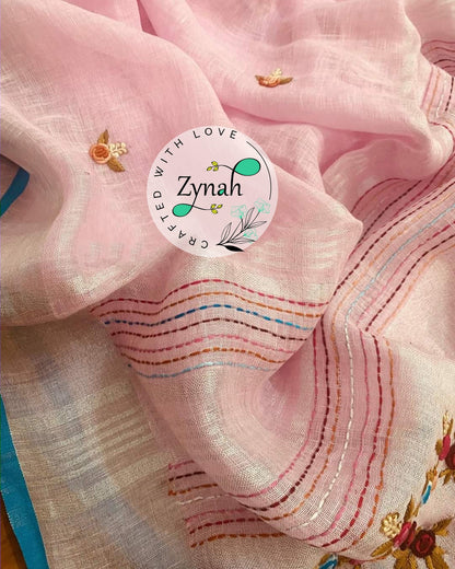 Zynah Pure Linen(120c) Handcrafted Saree with French Knot Hand Embroidery; Custom Stitched/Ready-made Blouse, Fall, Petticoat; Shipping available USA, Worldwide