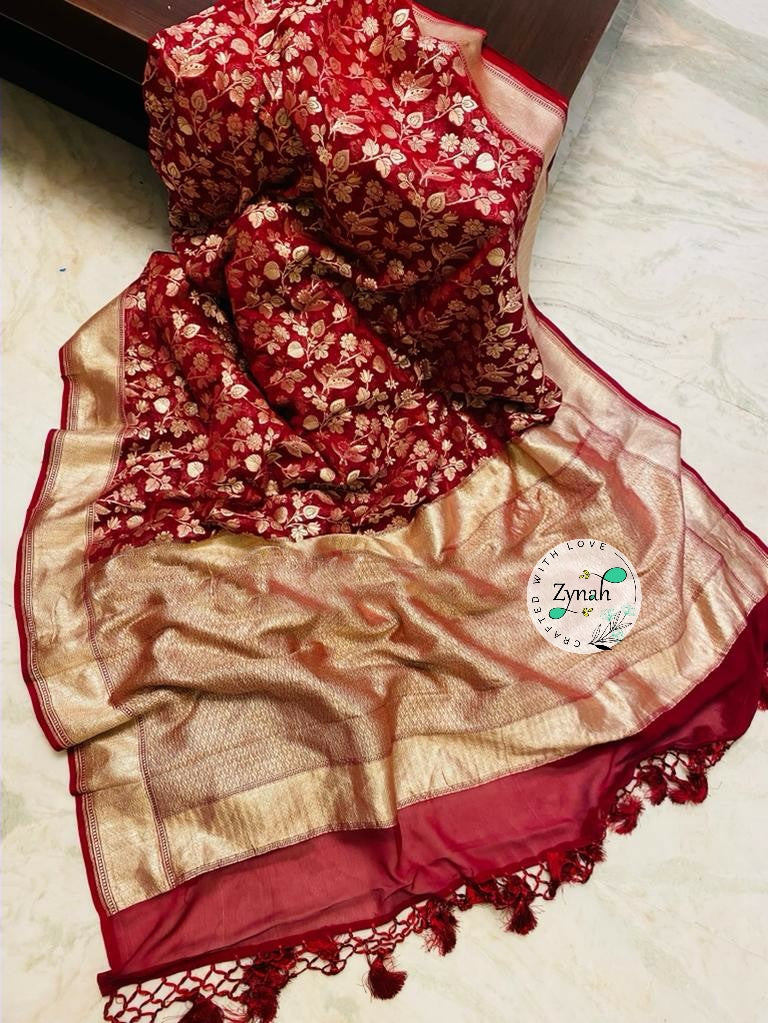 Zynah Pure Khaddi Georgette Saree with Floral Jaal; Custom Stitched/Ready-made Blouse, Fall, Petticoat; Shipping available USA, Worldwide