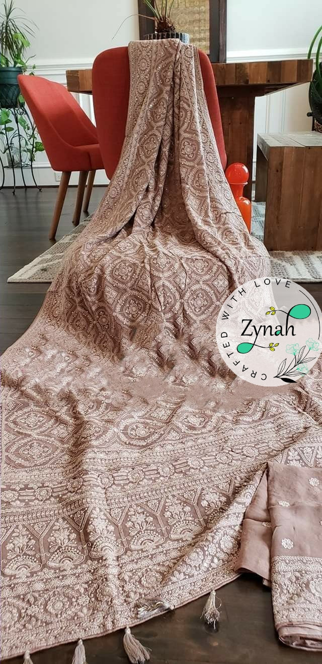 Zynah Pure Georgette Saree with Chikankari & Sequence Work; Custom Stitched/Ready-made Blouse, Fall, Petticoat; Shipping available USA, Worldwide