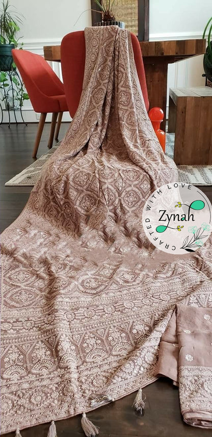 Zynah Pure Georgette Saree with Chikankari & Sequence Work; Custom Stitched/Ready-made Blouse, Fall, Petticoat; Shipping available USA, Worldwide