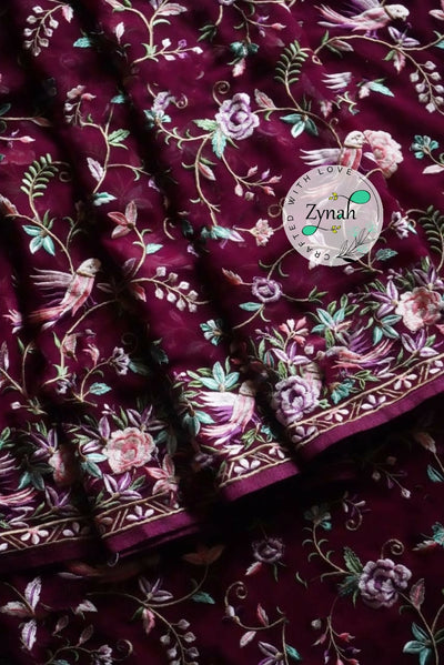 Zynah Pure Georgette Saree with Parsi Gara Inspired Embroidery; Custom Stitched/Ready-made Blouse, Fall, Petticoat; Shipping available USA, Worldwide