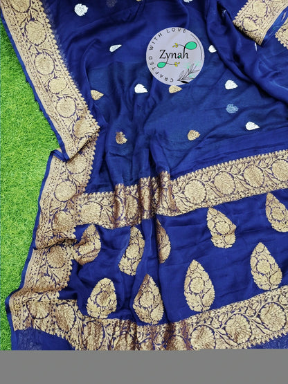 Zynah Pure Banarasi Handloom Khaddi Georgette Saree with Golden Zari Border & Butis; Custom Stitched/Ready-made Blouse, Fall, Petticoat; Shipping available USA, Worldwide