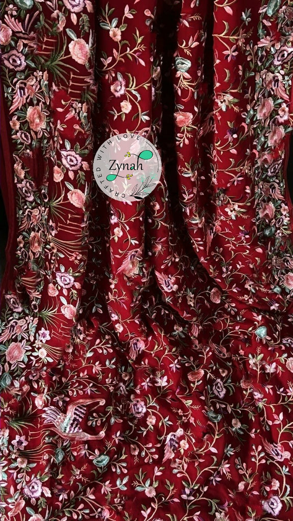Zynah Pure Georgette Parsi Gara Inspired Embroidery Saree; Custom Stitched/Ready-made Blouse, Fall, Petticoat; Shipping available USA, Worldwide