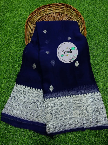 Zynah Pure Banarasi Handloom Khaddi Georgette Saree with Zari Border & Butis; Custom Stitched/Ready-made Blouse, Fall, Petticoat; Shipping available USA, Worldwide