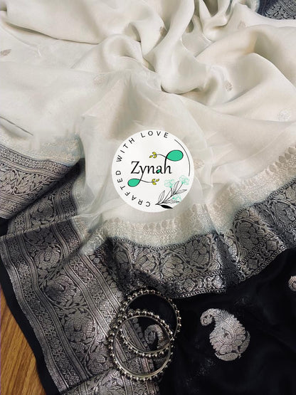 Zynah White & Black Color Pure Banarasi Handloom Khaddi Georgette Saree with Zari Border & Butis; Custom Stitched/Ready-made Blouse, Fall, Petticoat; Shipping available USA, Worldwide